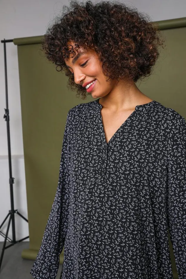 Black Leaf Print Chiffon Asymmetric Tunic Dress Women Roman Dresses