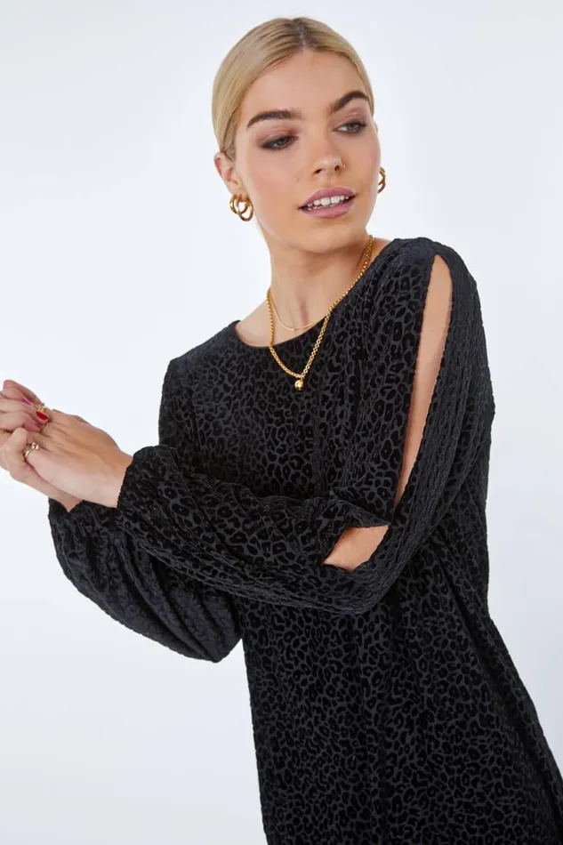 Black Leopard Print Burnout Split Sleeve Dress Women Roman Dresses