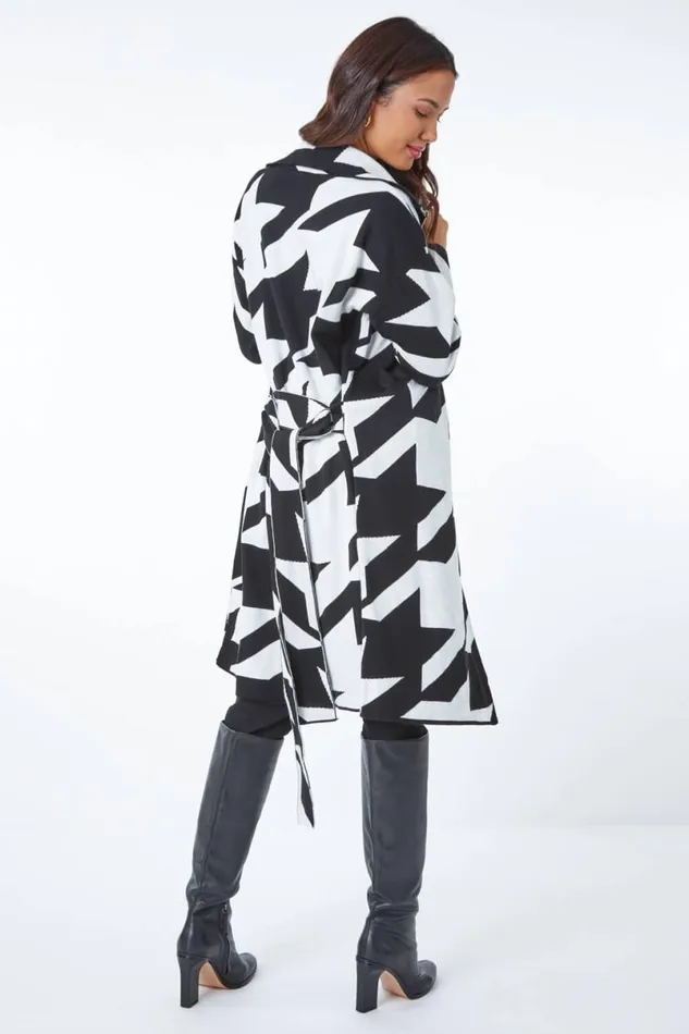 Black Longline Dogstooth Belted Coatigan Women Roman Knitwear