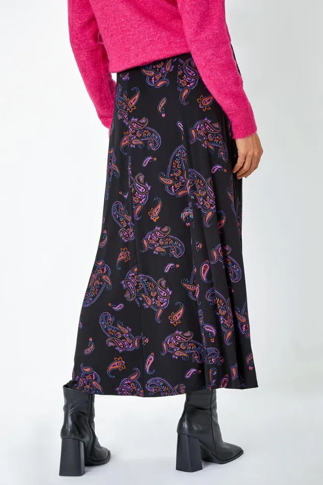 Black Paisley Print Midi Elastic Waist Skirt Women Roman Skirts