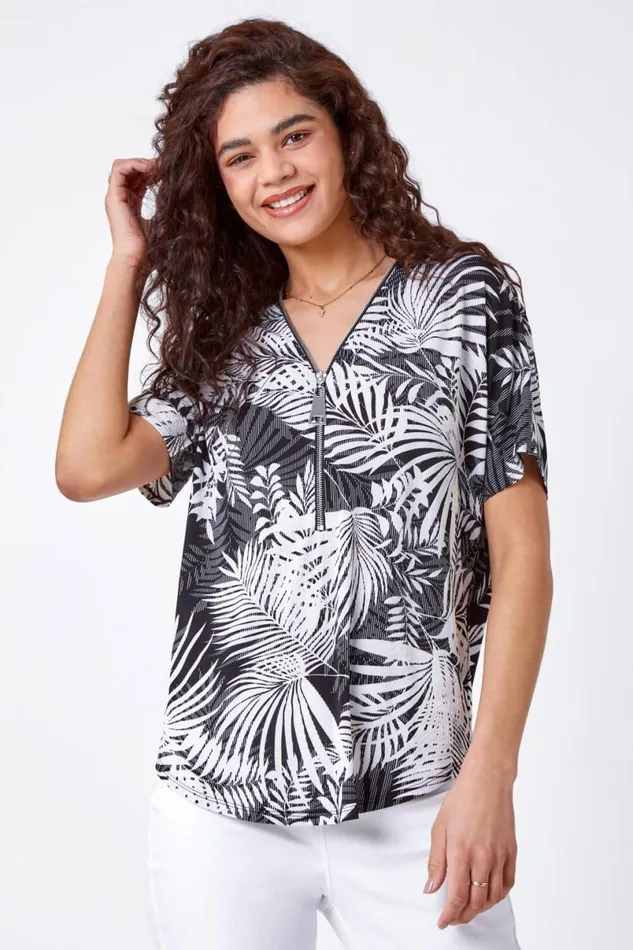 Black Palm Print VNeck Zip Front Stretch Top Women Roman Tops