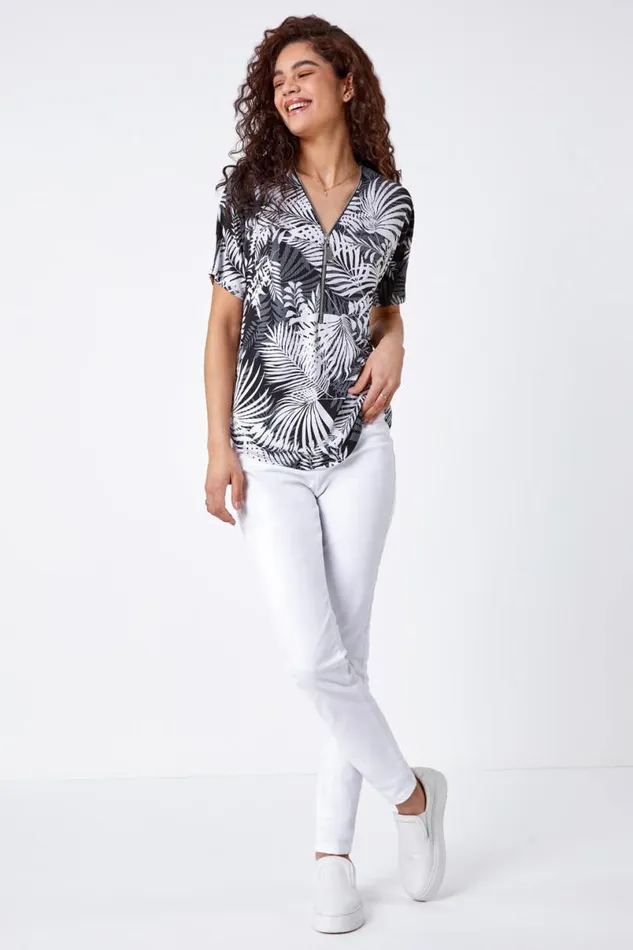 Black Palm Print VNeck Zip Front Stretch Top Women Roman Tops