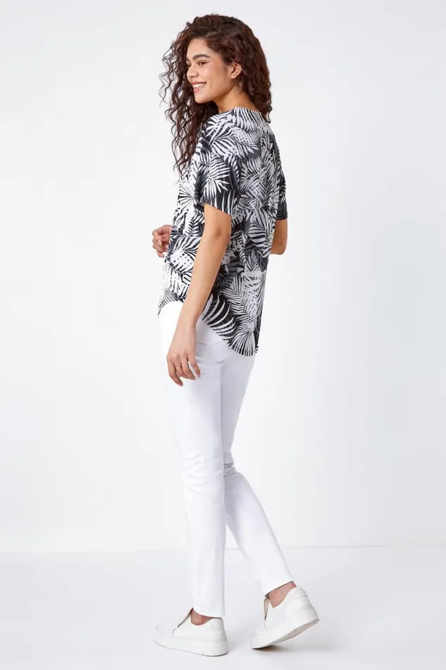 Black Palm Print VNeck Zip Front Stretch Top Women Roman Tops