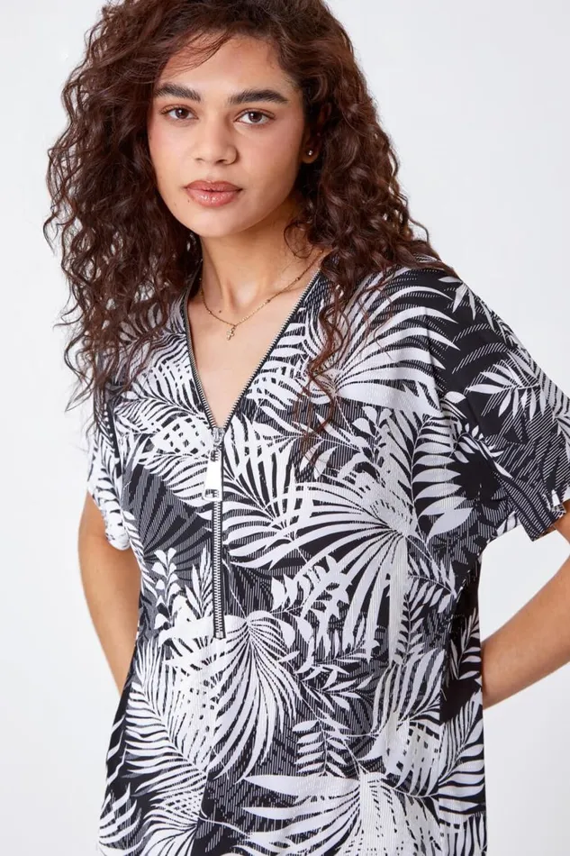 Black Palm Print VNeck Zip Front Stretch Top Women Roman Tops