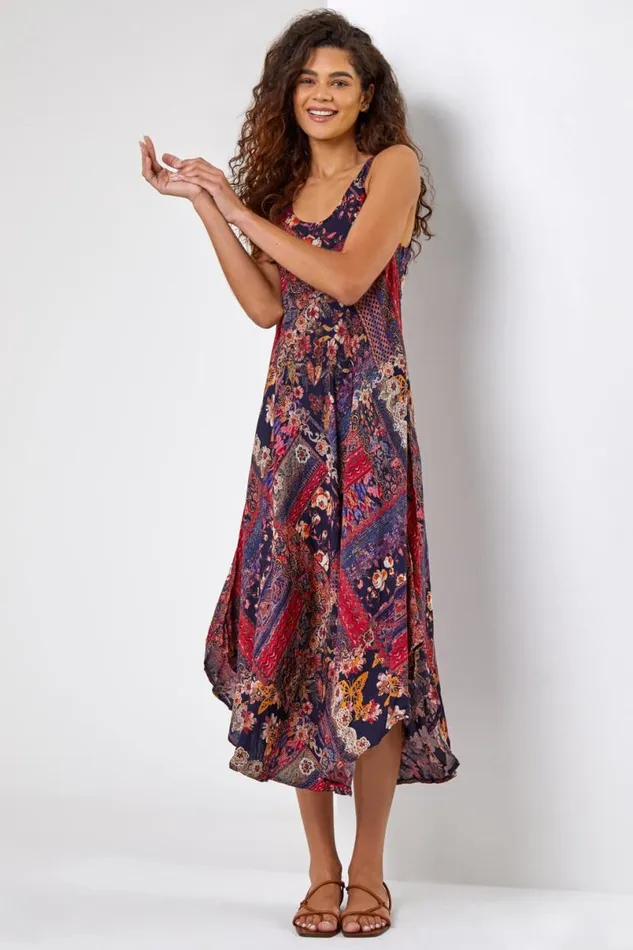 Black Patchwork Print Curved Hem Dress Women Roman Dresses