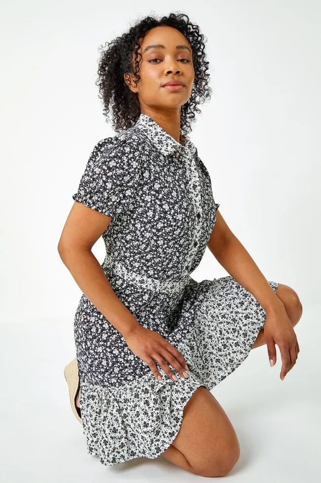 Black Petite Ditsy Floral Shirt Dress Women Roman Dresses