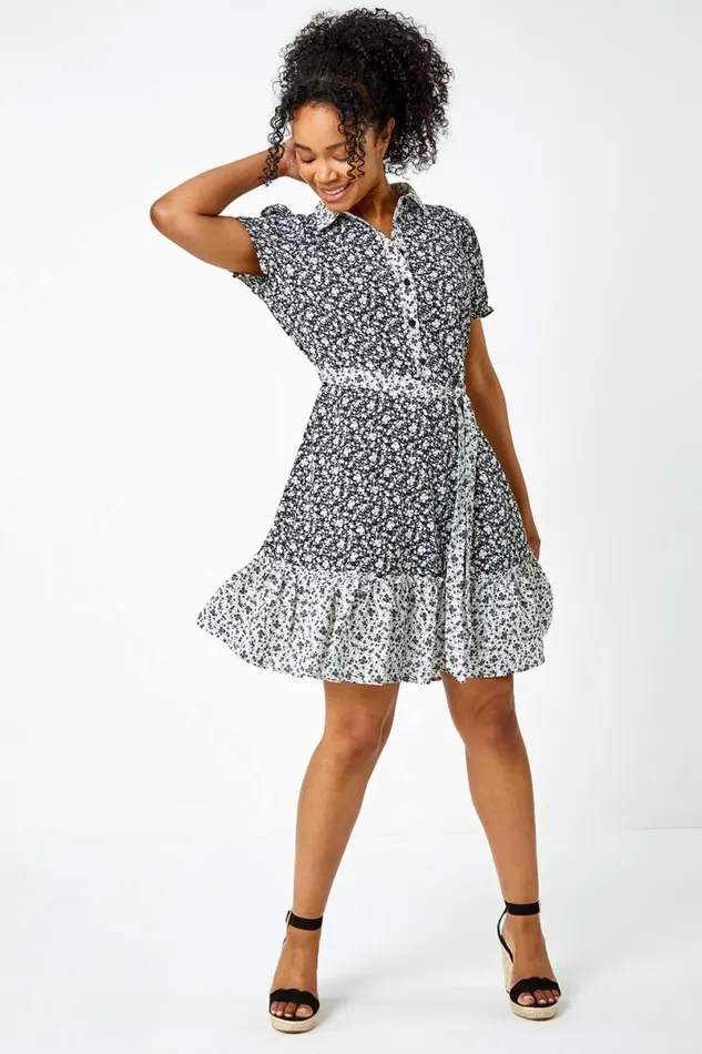 Black Petite Ditsy Floral Shirt Dress Women Roman Dresses