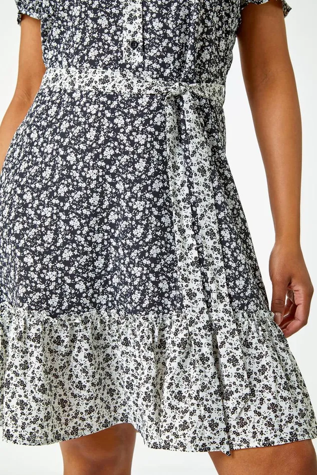 Black Petite Ditsy Floral Shirt Dress Women Roman Dresses