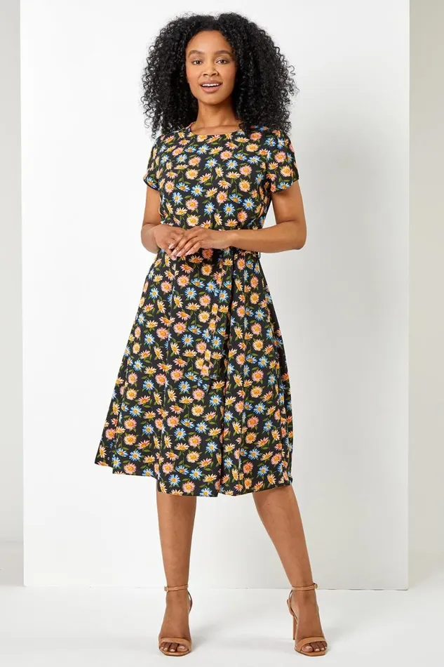 Black Petite Floral Print Back Detail Belted Dress Women Roman Dresses