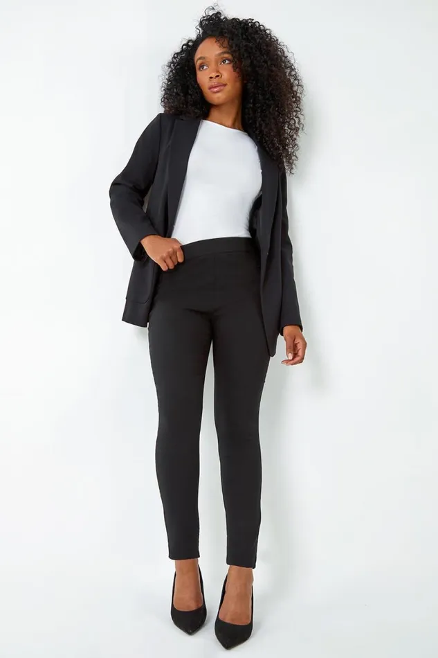 Black Petite Mock Pocket Stretch Trouser Women Roman Trousers