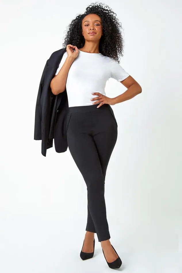 Black Petite Mock Pocket Stretch Trouser Women Roman Trousers