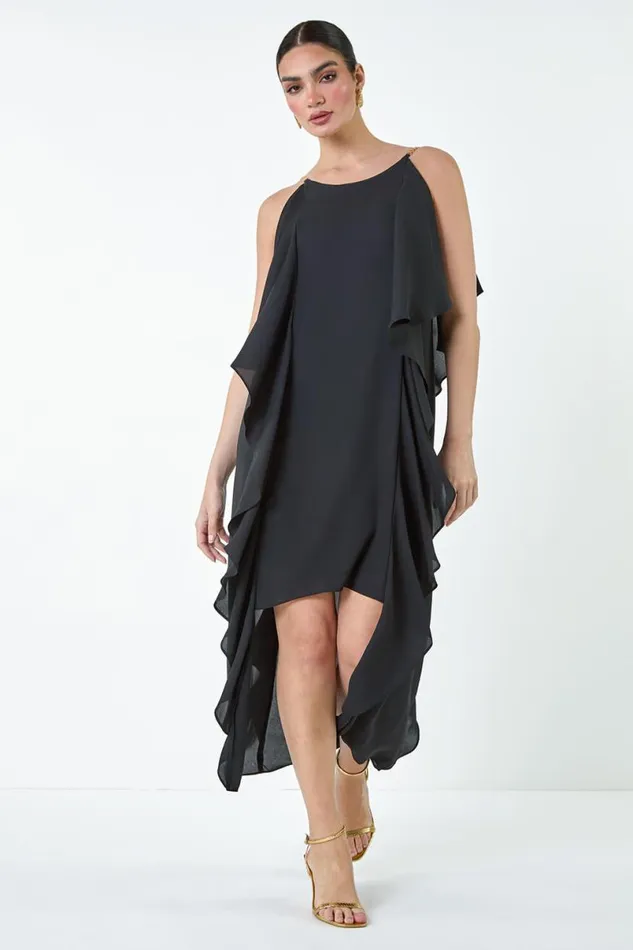 Black Plain Dipped Hem Ruffle Detail Midi Dress Women Roman Dresses