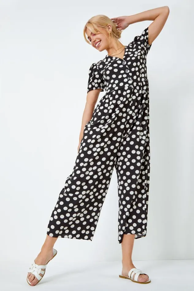 Black Polka Dot Print Culotte Jumpsuit Women Roman Dresses