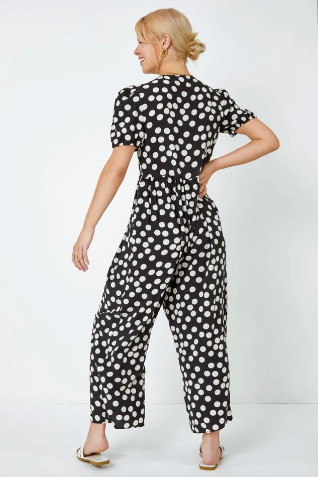 Black Polka Dot Print Culotte Jumpsuit Women Roman Dresses
