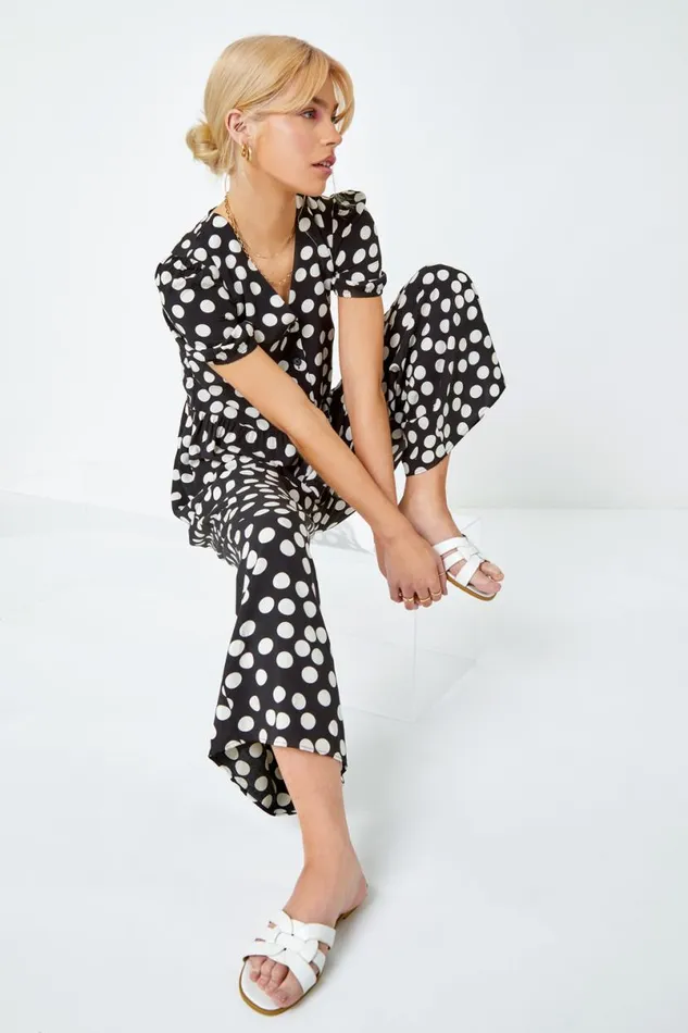 Black Polka Dot Print Culotte Jumpsuit Women Roman Dresses