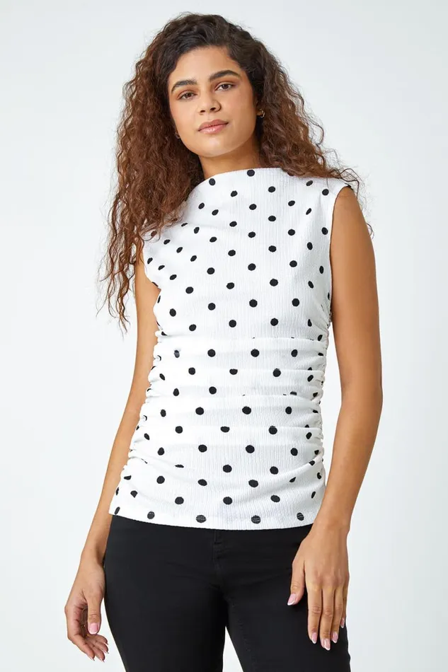 Black Polka Dot Ruched Stretch Top Women Roman Tops