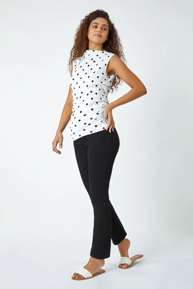 Black Polka Dot Ruched Stretch Top Women Roman Tops