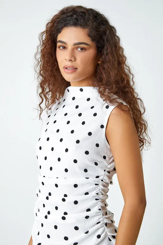Black Polka Dot Ruched Stretch Top Women Roman Tops