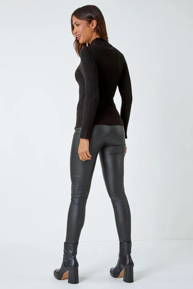 Black Ribbed Knit Turtleneck Jumper Women Roman Tops