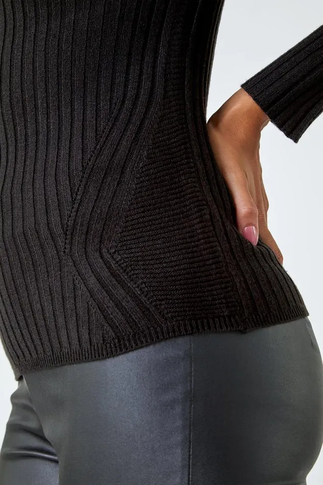 Black Ribbed Knit Turtleneck Jumper Women Roman Tops