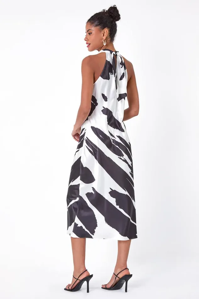 Black Satin Abstract Print Halterneck Dress Women Roman Dresses