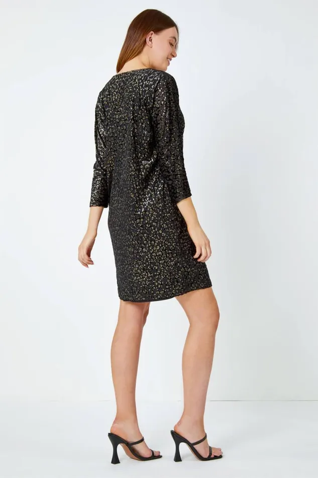 Black Shimmer Leopard Print Velvet Dress Women Roman Dresses