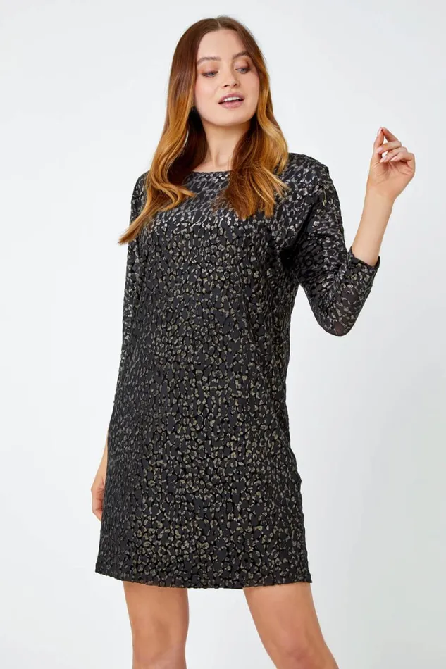 Black Shimmer Leopard Print Velvet Dress Women Roman Dresses