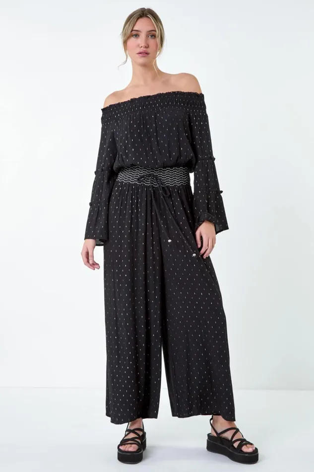 Black Shimmer Stretch Shirrred Wide Leg Trousers Women Roman Trousers