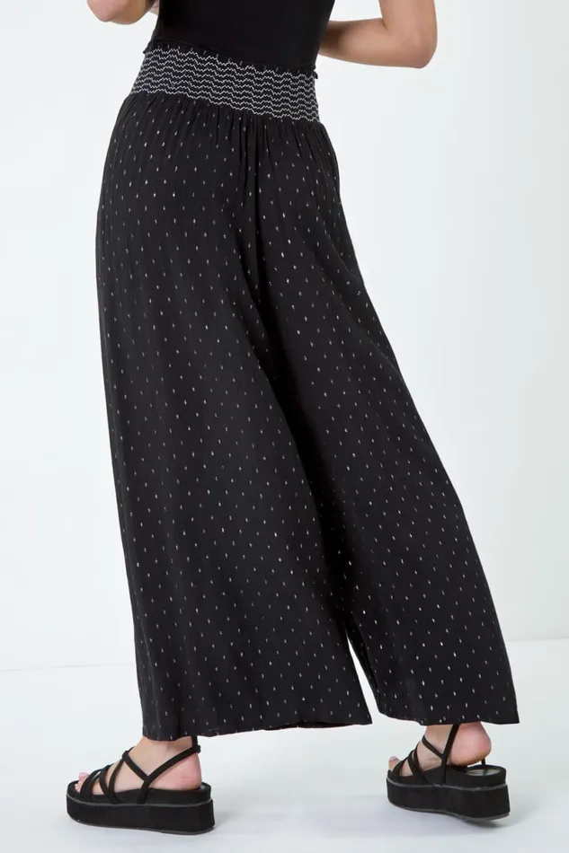 Black Shimmer Stretch Shirrred Wide Leg Trousers Women Roman Trousers