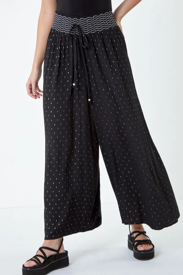 Black Shimmer Stretch Shirrred Wide Leg Trousers Women Roman Trousers