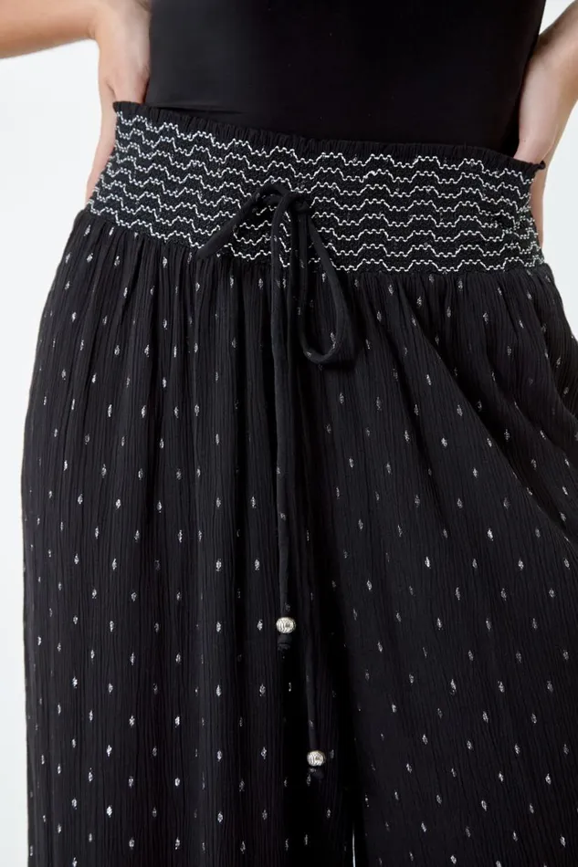 Black Shimmer Stretch Shirrred Wide Leg Trousers Women Roman Trousers