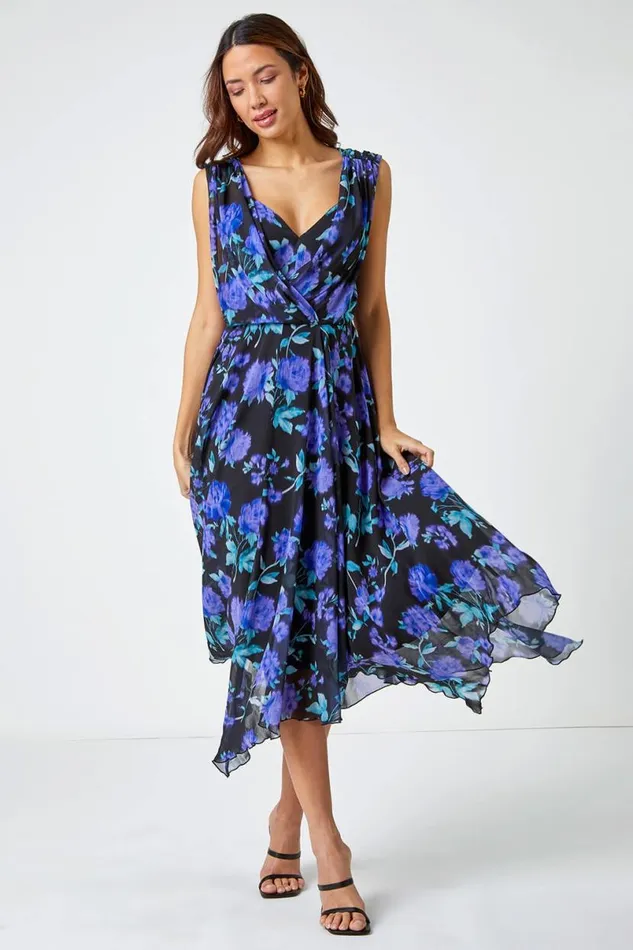 Black Sleeveless Floral Chiffon Asymmetric Midi Dress Women Roman Dresses