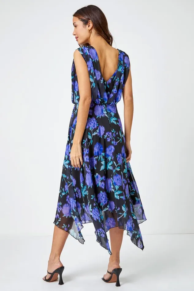 Black Sleeveless Floral Chiffon Asymmetric Midi Dress Women Roman Dresses