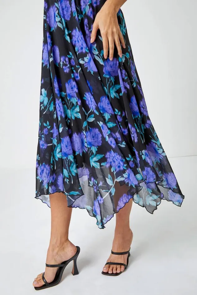 Black Sleeveless Floral Chiffon Asymmetric Midi Dress Women Roman Dresses