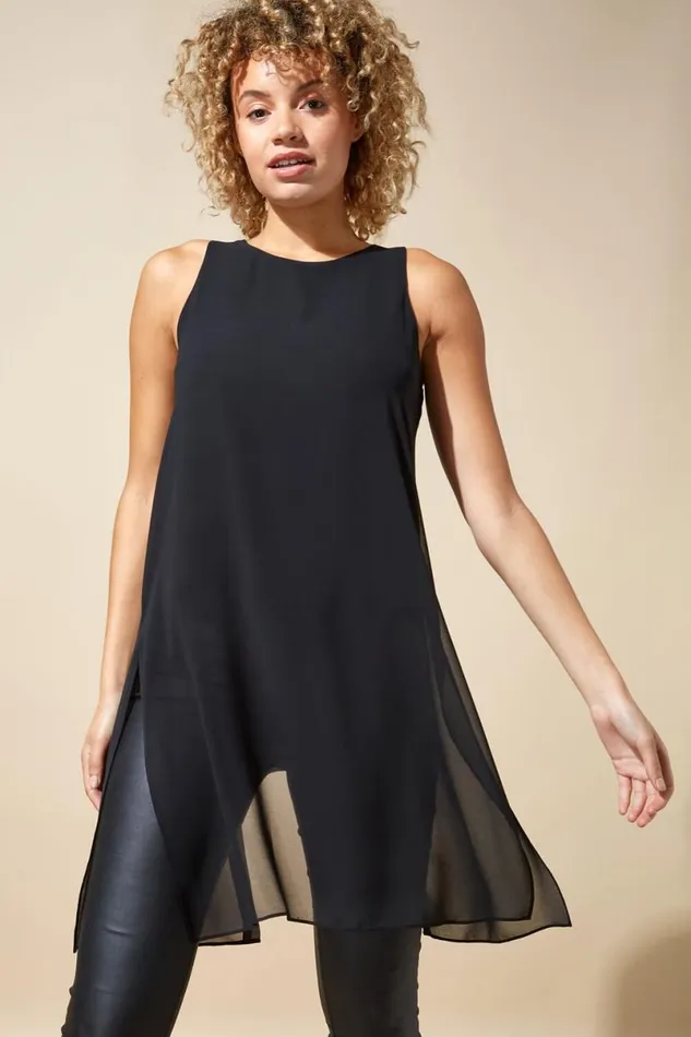 Black Sleeveless Longline Chiffon Floaty Tunic Top Women Roman Tops
