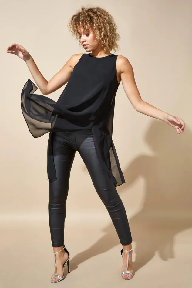 Black Sleeveless Longline Chiffon Floaty Tunic Top Women Roman Tops
