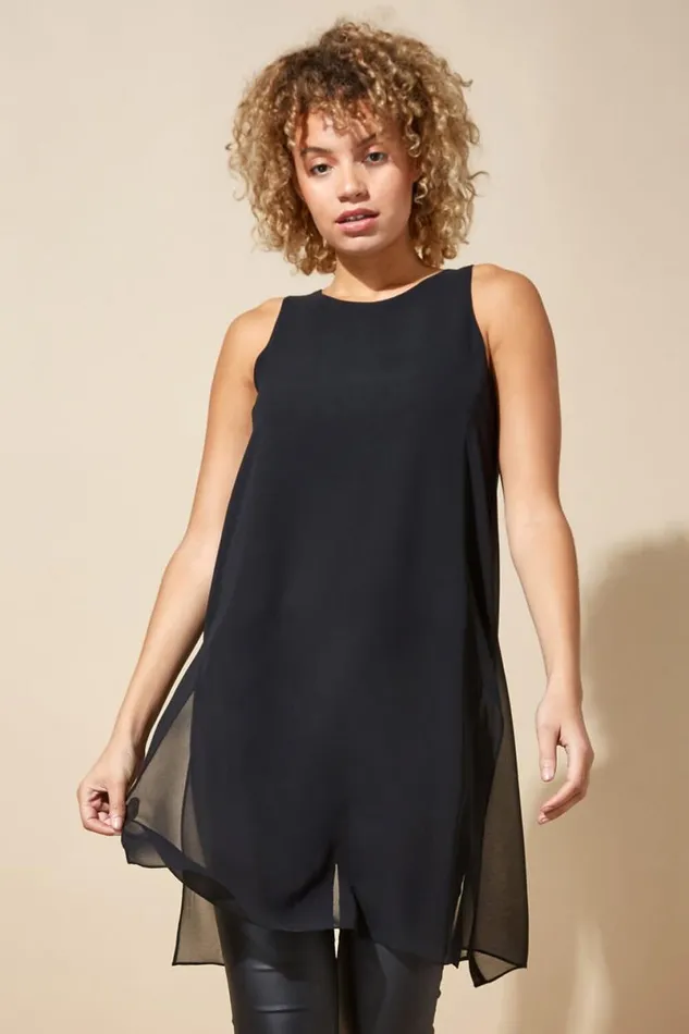 Black Sleeveless Longline Chiffon Floaty Tunic Top Women Roman Tops
