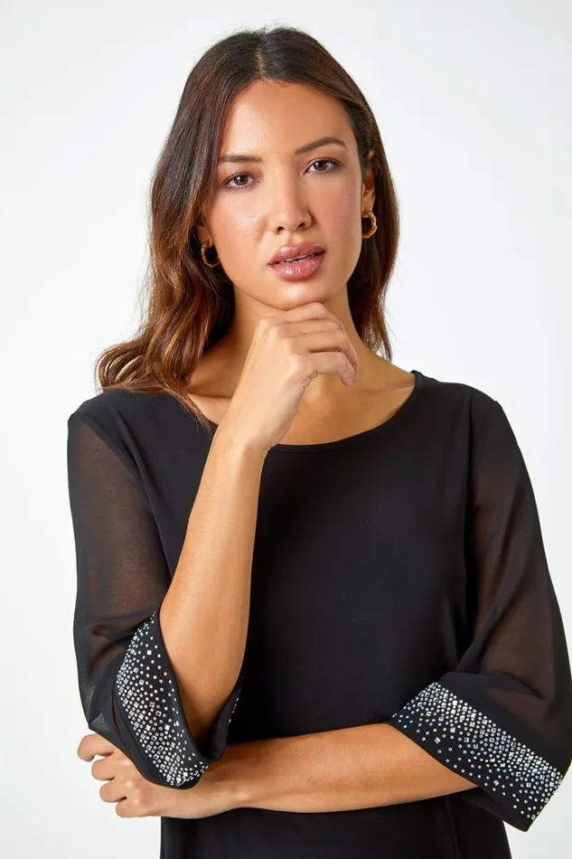 Black Sparkle Embellished Cuff Chiffon Top Women Roman Tops