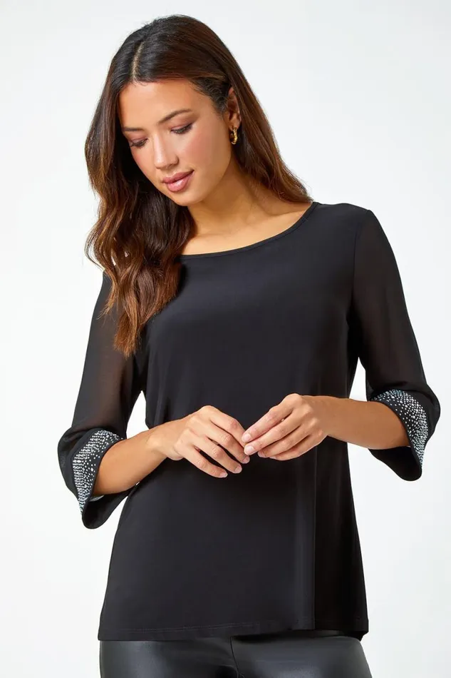 Black Sparkle Embellished Cuff Chiffon Top Women Roman Tops