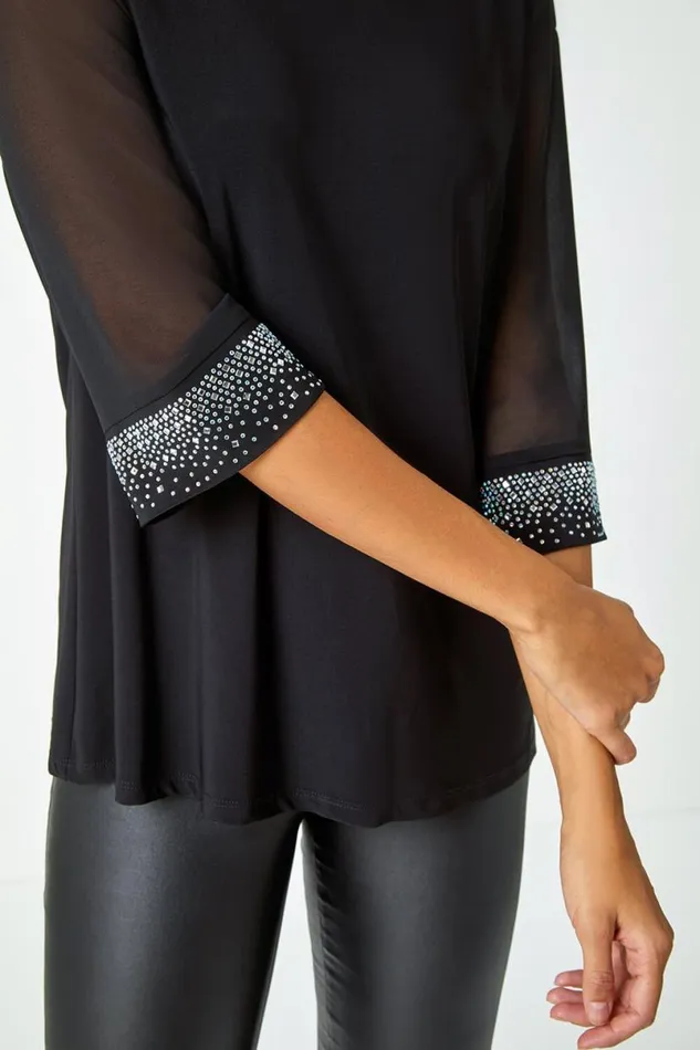 Black Sparkle Embellished Cuff Chiffon Top Women Roman Tops
