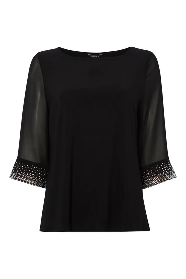 Black Sparkle Embellished Cuff Chiffon Top Women Roman Tops