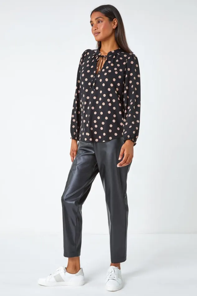 Black Spot Print Tie Detail Stretch Top Women Roman Tops