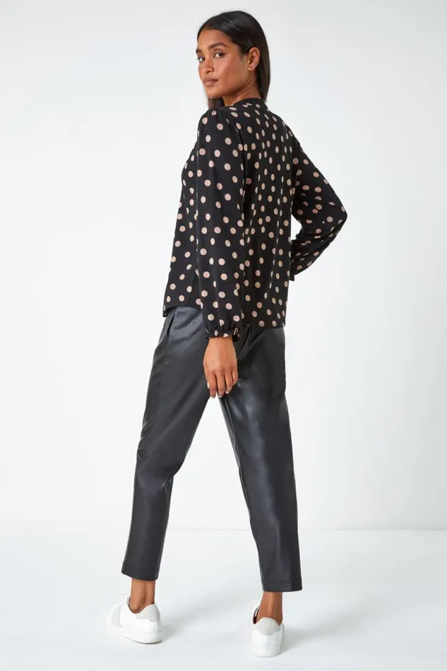 Black Spot Print Tie Detail Stretch Top Women Roman Tops