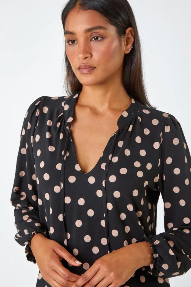 Black Spot Print Tie Detail Stretch Top Women Roman Tops