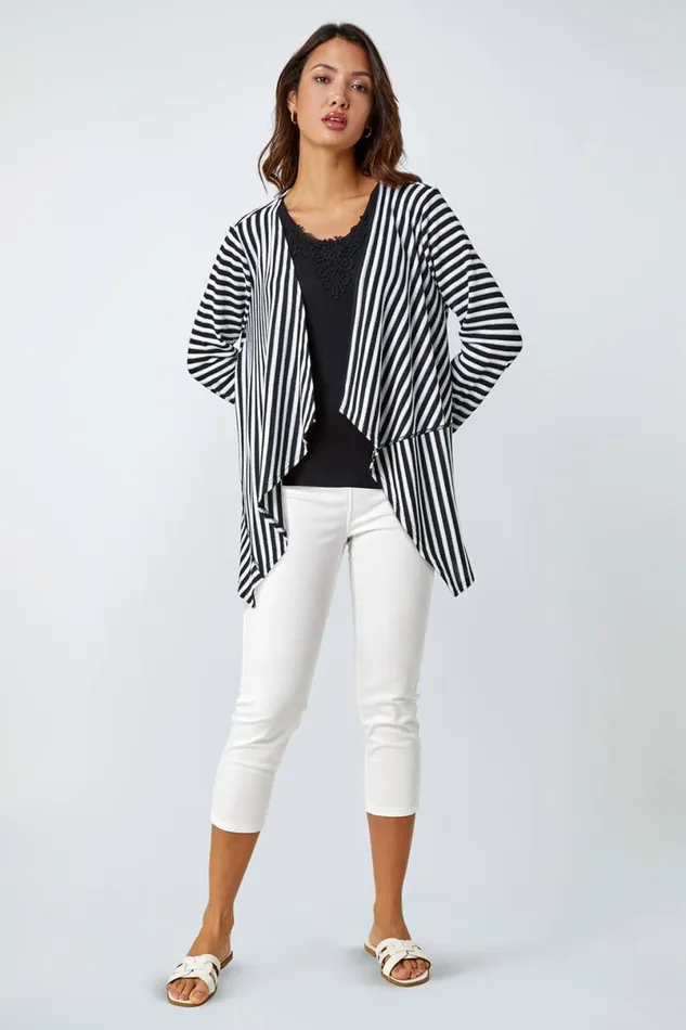 Black Stripe Cardigan and Lace Vest Stretch Top Women Roman Tops