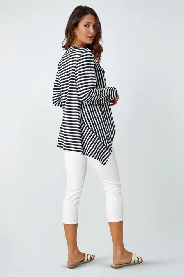 Black Stripe Cardigan and Lace Vest Stretch Top Women Roman Tops