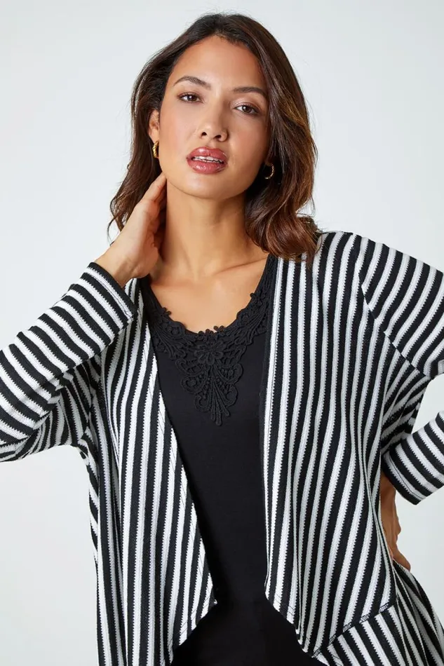 Black Stripe Cardigan and Lace Vest Stretch Top Women Roman Tops