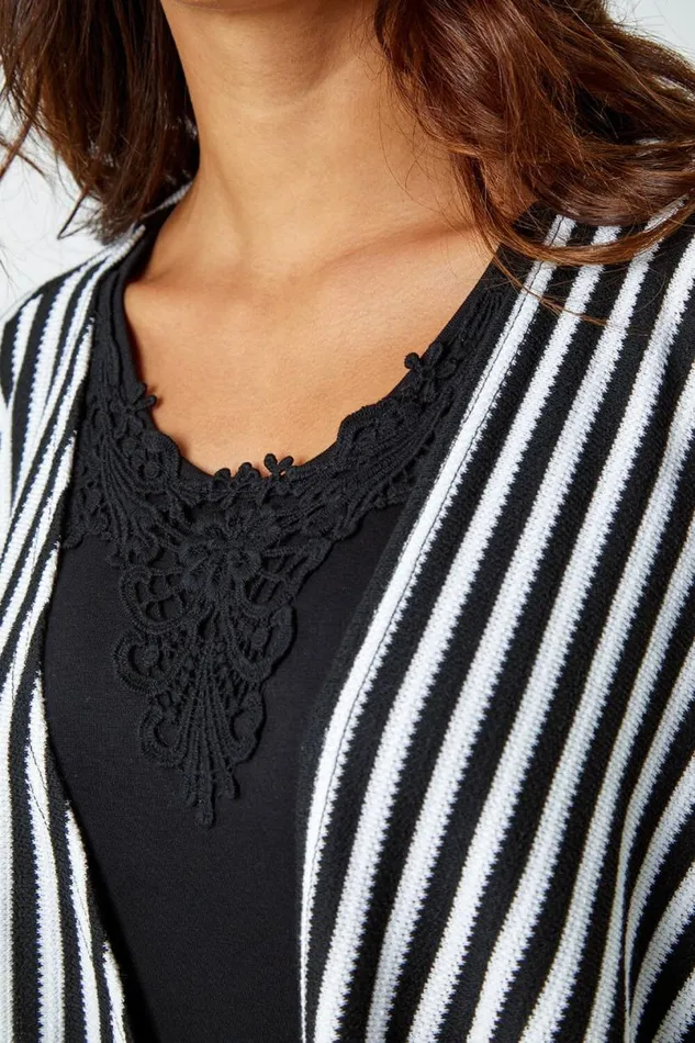 Black Stripe Cardigan and Lace Vest Stretch Top Women Roman Tops