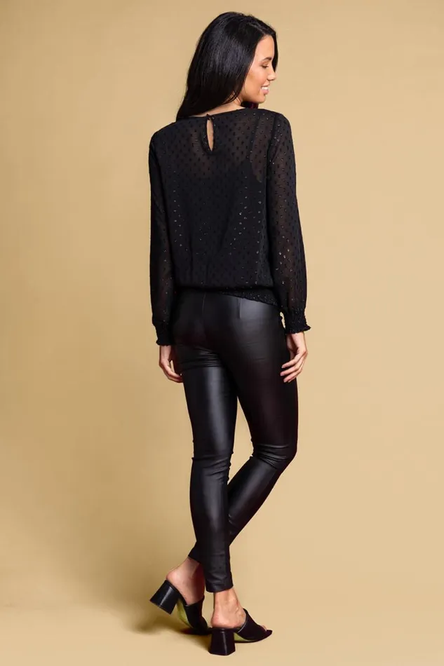 Black Textured Spot Shirred Shimmer Top Women Roman Tops