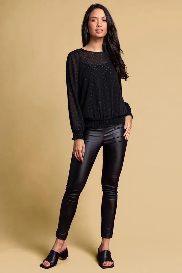 Black Textured Spot Shirred Shimmer Top Women Roman Tops